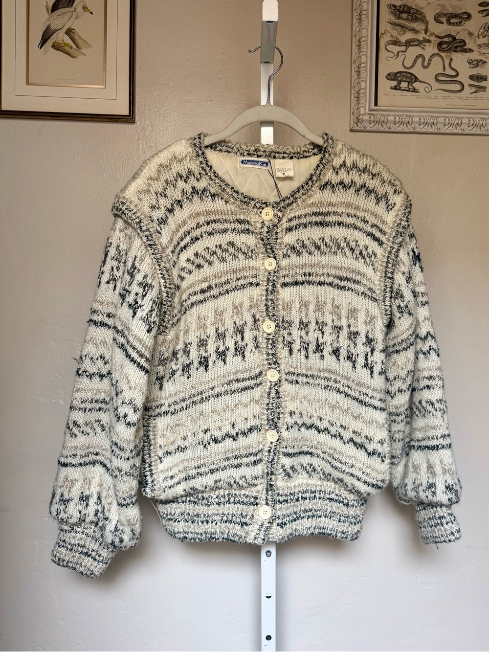 Vintage Chunky Cream and Black Patterned Button-Front Cardigan Sweater Small